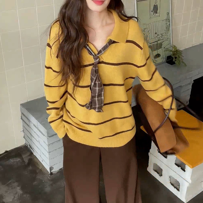 Yellow Polo Collar Stripesd Pullover Thickeneded Knitwear Women's Autumn and Winter New Lazy Style Loose Knitted Knitwear Long-Sleeved Top