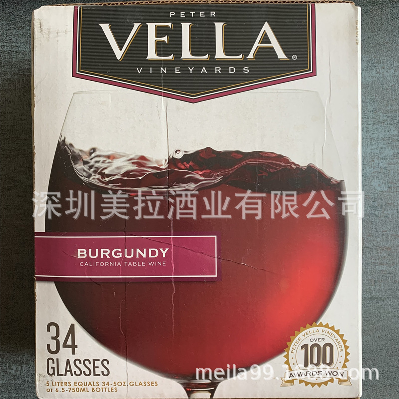 美国VELLA百乐莱红酒大容量5L纸盒装勃艮第原味彼得威利红葡萄酒