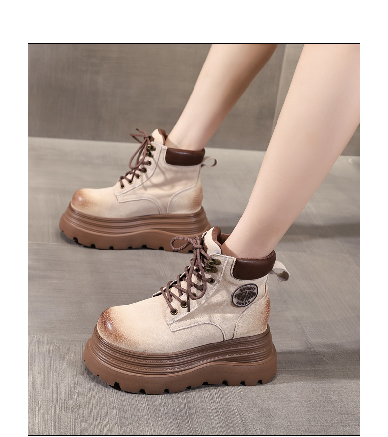 Giày boot nữ đế dày tăng chiều cao kiểu mới mùa thu, phong cách xe máy cổ ngắn — màu vàng sa mạc chi tiết 11