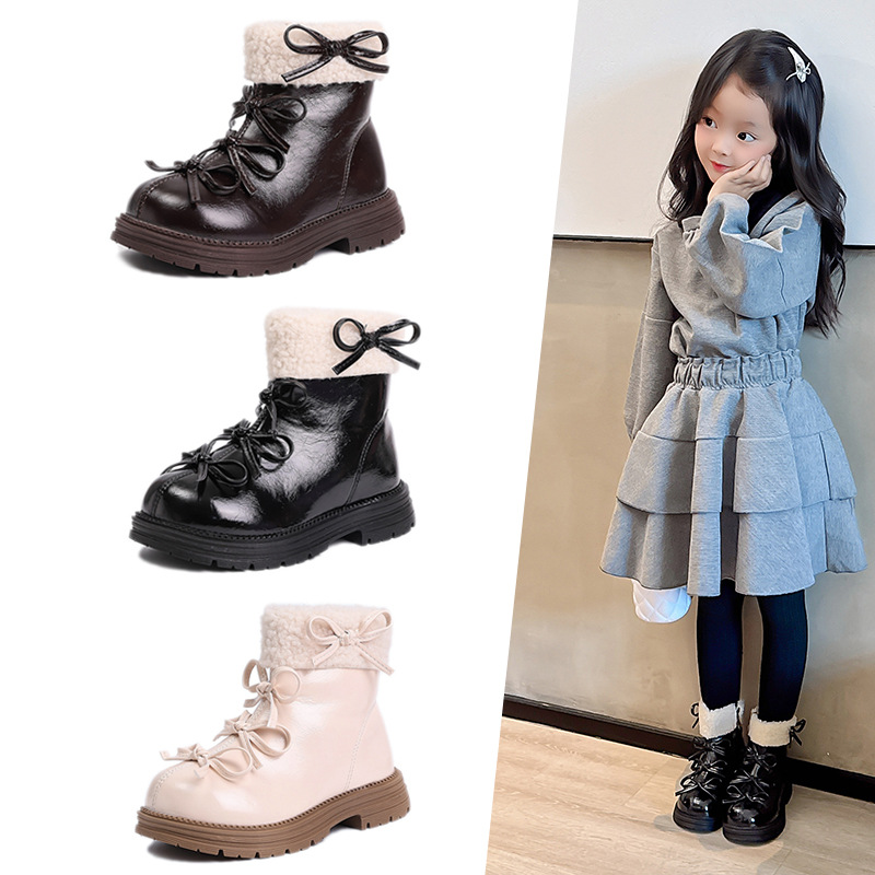 Girls' Martin Short Boots Children's Double-Layer Cotton Shoes 2025 Autumn and Winter New Snow Boots with Plush Lining Little Leather Boots Princess