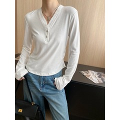Sinan 初秋新作ペーパーマンボタン V ネックピンチウエストデザインヘンリーカラー Tシャツボトリングシャツ SN7736