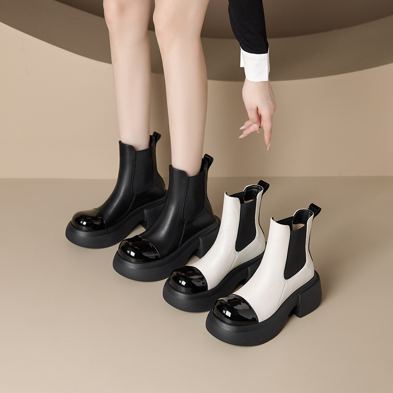 Giày boot Chelsea da thật cổ ngắn phối màu thu đông 2025, gót 6cm đế dày — đen, Màu trắng nhạt