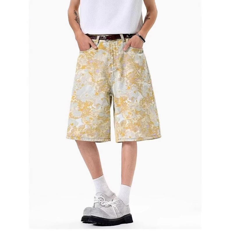 Cross-Border Exclusive Yellow Tie-Dye All-Over Jacquard Denim Shorts for Men Summer American Retro Loose Straight Camouflage Pants