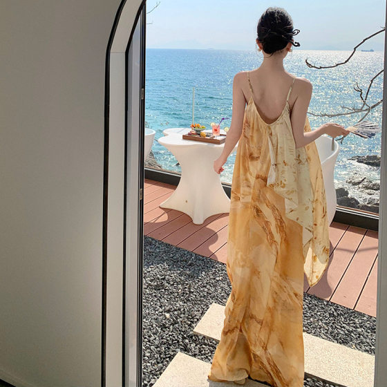 French Island Style Thai Beach Dress Tie-dyed Halter Long Dress Summer Seaside Vacation Wear Fake Two-piece dress