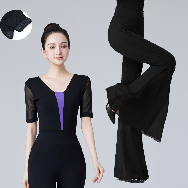 紫の濃いv色のガーゼの袖の形の服のダンスの服のショーのモデルのバレエの練習の功の育成訓練のマナーのモーダル|undefined