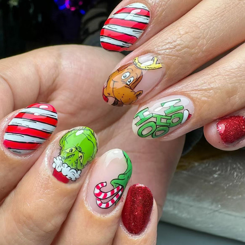 Grinch Short Round Armor Striped Pocket Crutch Christmas Element Fake Nail Finished Wear Armor Holiday Cross-border