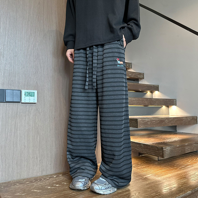 Pantalon de survêtement rayé brodé teckel pour homme, marque tendance, coupe ample et décontractée, pantalon de sport résistant et confortable_voghion.com