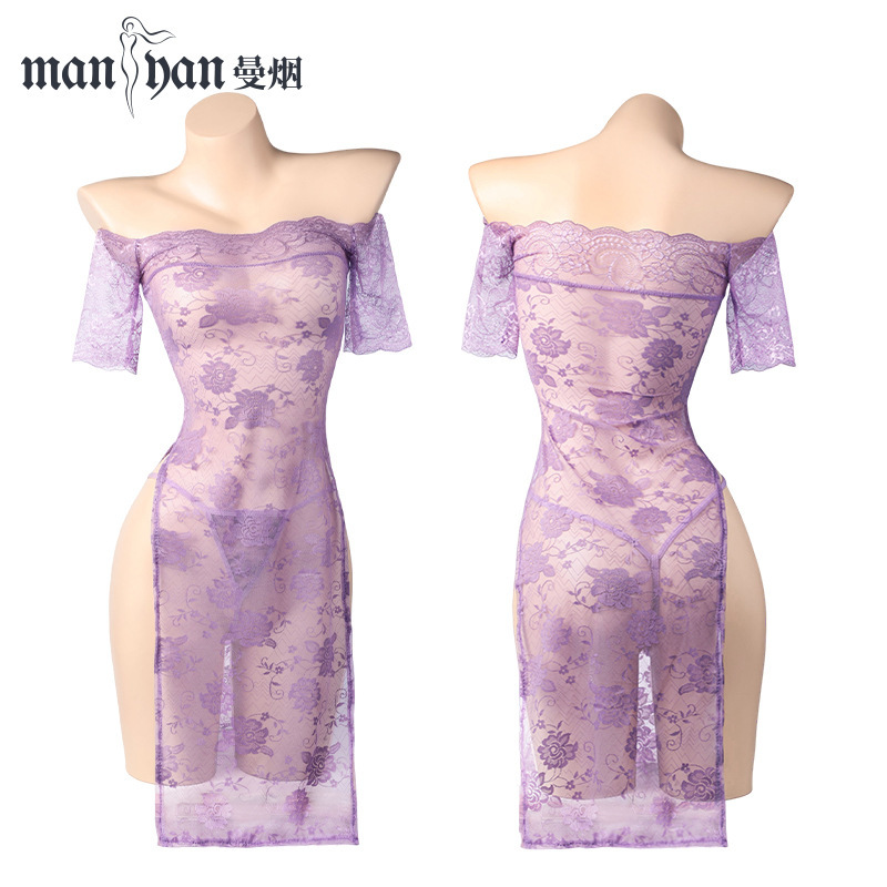 曼烟情趣内衣女性感一字肩高腰印花蕾丝透视长裙旗袍制服100204