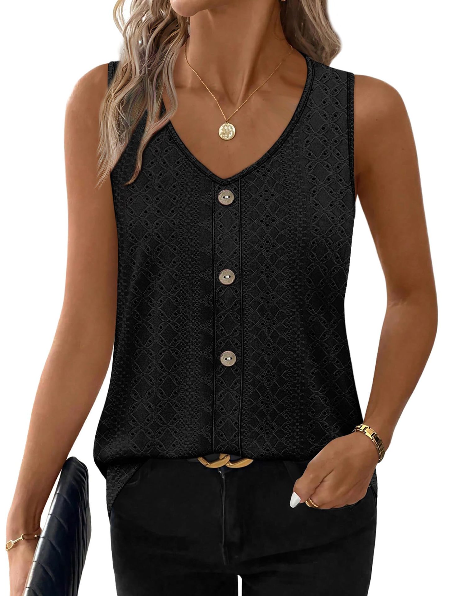 Women's Loose Casual Top V Neck Sleeveless Vest Eyelets American Summer New_ecoleips.com