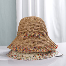 波西米亚风草帽女可折叠帽子混色拼色百搭渔夫帽沙滩帽防晒帽子