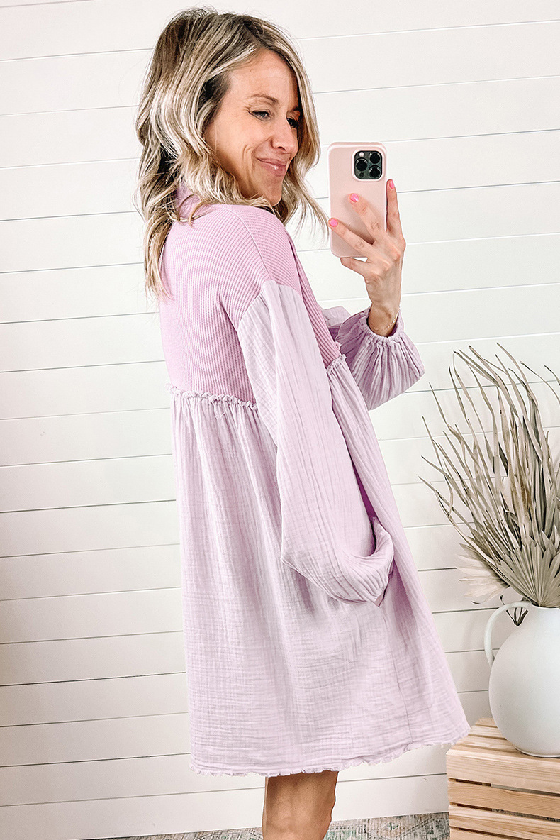 Early Autumn Thin Type Patchwork Pleated Long Sleeve Dress Women Casual High Waist Knee Length Short Dress Women