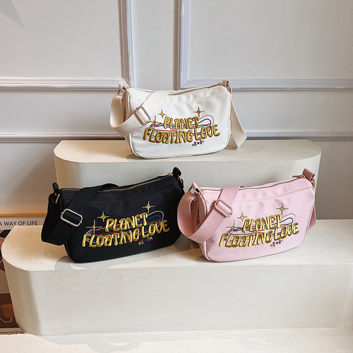 New heavy industry embroidery trendy cool light pink pillow bag texture nylon cloth dumpling bag fashionable versatile shoulder crossbody bag