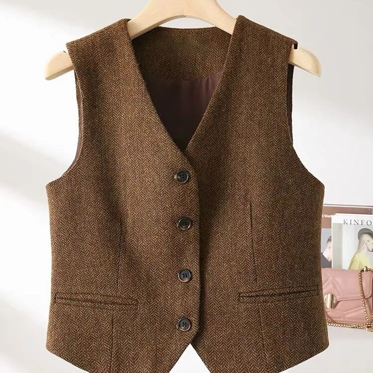 2026 New Autumn and Winter Layered British Old Money Style Herringbone Woolen Vest for Women, Sleeveless Vest Jacket for Autumn and Winter