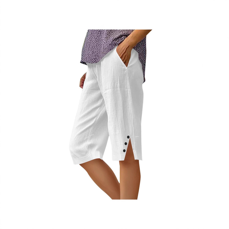 Cross-Border European and American Style Casual Shorts Printed Knee-Length Summer Side Slit Buttoned Quarter Pants with Pockets Plus Size