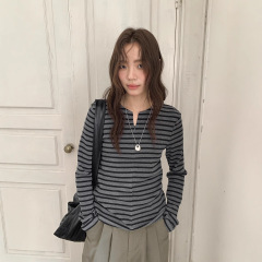 广州十三行2025秋韩风复古撞色条纹高弹遮肉显瘦百搭针织衫03090