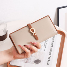 长款钱包女士新品韩版PU撞色手拿包搭扣两折折叠皮钱夹拉链手机包