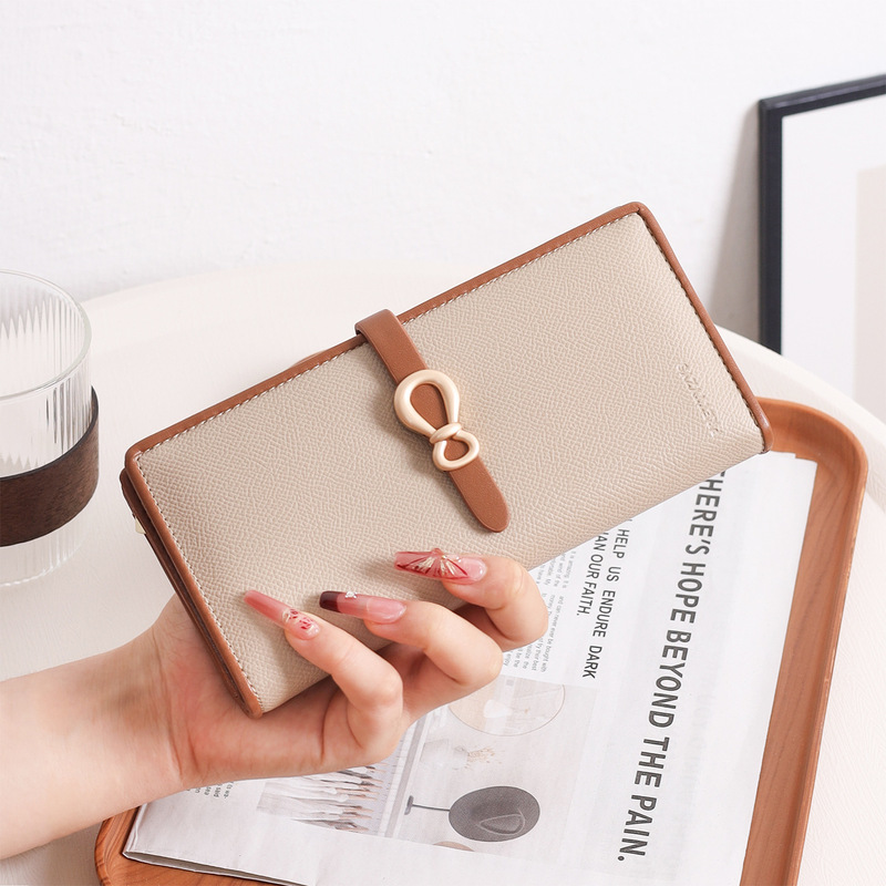 Long Wallet Women's New Korean Style Pu Contrasting Color Clutch Bag Buckle Two-Fold Foldableing Leather Wallet Zipper Mobile Phone Bag