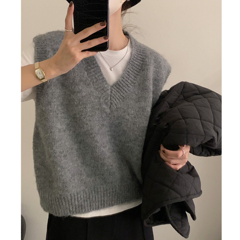 Chaleco de punto con cuello en V para mujer 2023 otoño e invierno nuevo estilo suelto y perezoso