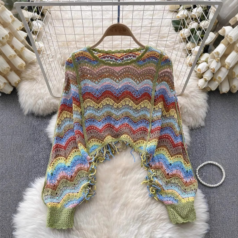 Colorful Hollow-Out Crochet Batwing Sleeve Cropped Knit Top for Women, Travel and Vacation Style Long-Sleeve Blouse with Hollow-Out Design