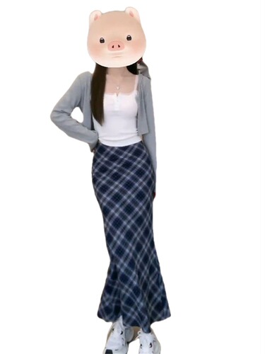 Plus-size women's grid half-body skirt  new slimming fish-tail long dress with high waist and bubble buttock