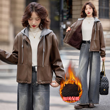 品牌皮衣外套女2025冬装新款针织连帽加绒加厚宽松显瘦夹克短上衣