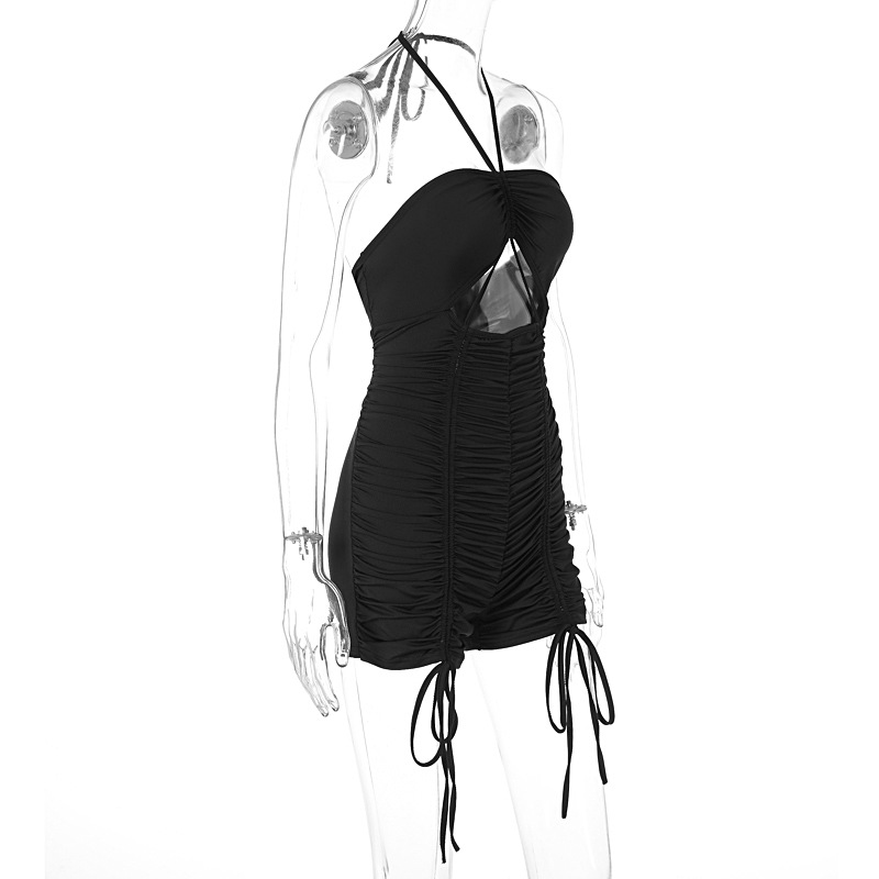 Summer Hollow Out Cutout out Tied Halter Drawstring Shorts Jumpsuit Women Clothing