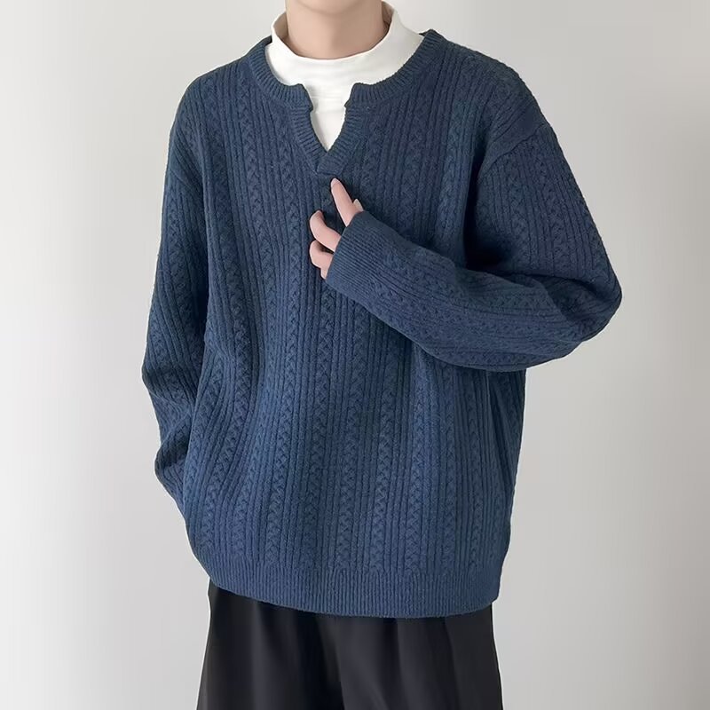 Pull décontracté en tricot à col en V pour homme - Mélange de coton doux, coupe ample, pull chaud pour l'hiver, élégant et confortable pour les adolescents et les jeunes adultes._voghion.com