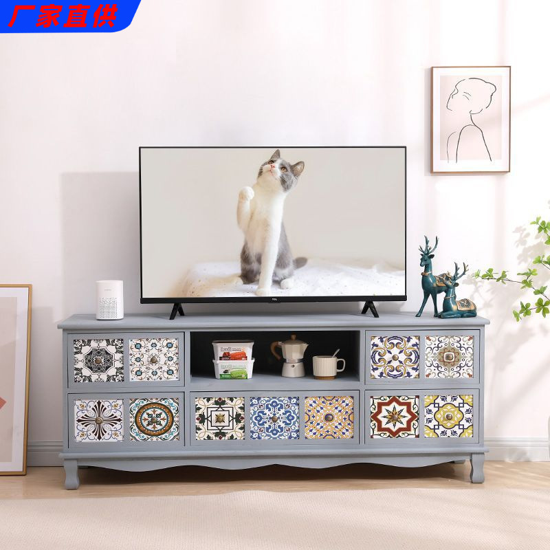 American-Style Retro Solid Wood Tv Cabinet for Living Room, Floor-Standing Painted Tv Cabinet with Drawers, Multifunctional Tv Table Made of Natural Wood