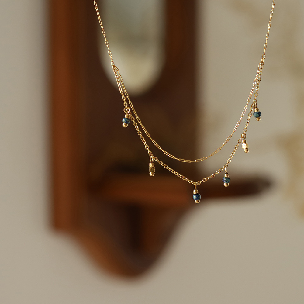 Blue Beads Handmade Pendant Stacked Necklace