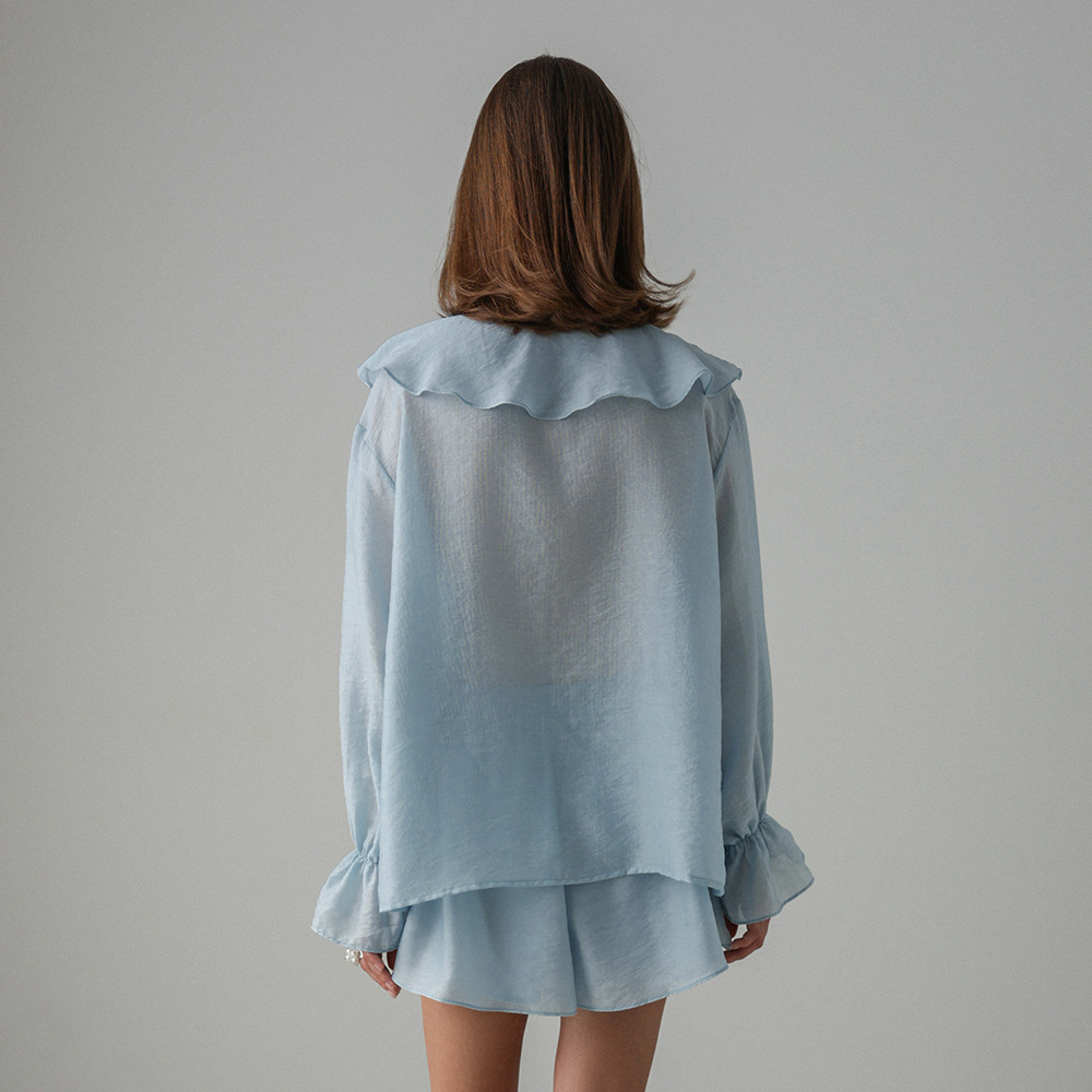 Women's French V Neck Ruffled Shirt And Shorts Set European American Style Summer Tie Front Clothing_ecoleips.com