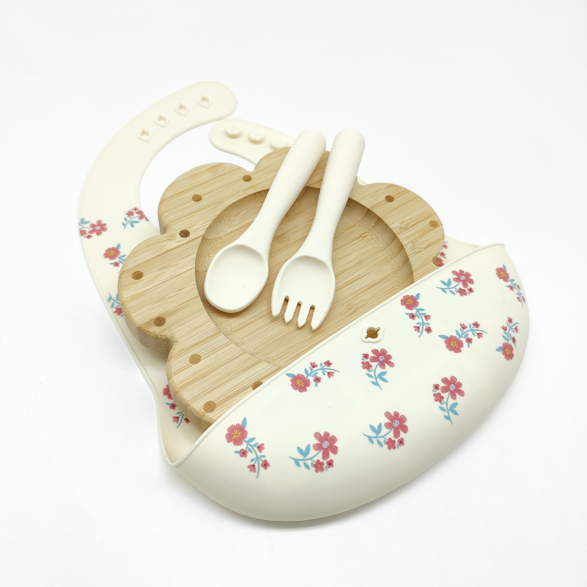 4종세트 [꽃모양-대나무 디너접시+포크+스푼+턱받이]