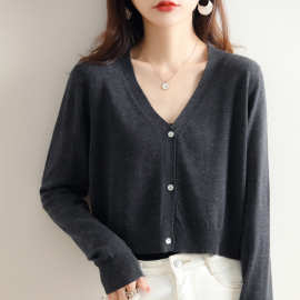 2024春新款高腰纯羊毛针织开衫女V领小短款毛衣外套宽松显瘦外搭