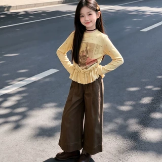 女童春秋韩系套装2026新款波点木耳边长袖上衣阔腿裤儿童两件套潮
