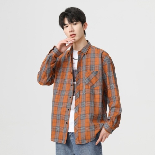 American Grid Shirt for Men - 2024 Spring and Autumn New Arrival, Japanese Retro Long-Sleeve Collared Shirt with Pockets for Youth