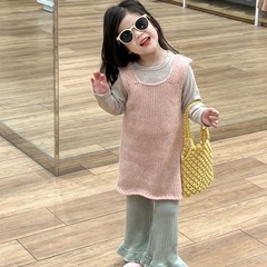 韓國童裝女童夏裝2024粉色毛線背心裙印花打底衫卷邊闊腿褲三件套