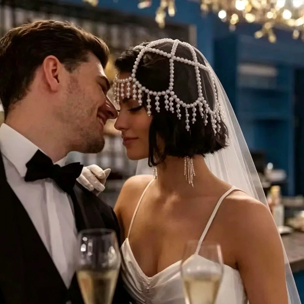 Vintage pearl tulle tassel bridal headpiece, a luxurious French-style wedding hair accessory that adds a touch of elegance to the overall look