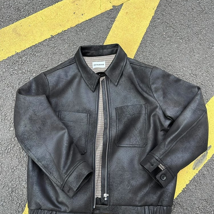 BOYUE Silk Leap Frozen Crack Chaqueta de cuero con forro de pata de gallo Chaqueta de moda corta de todo fósforo de motocicleta para hombre