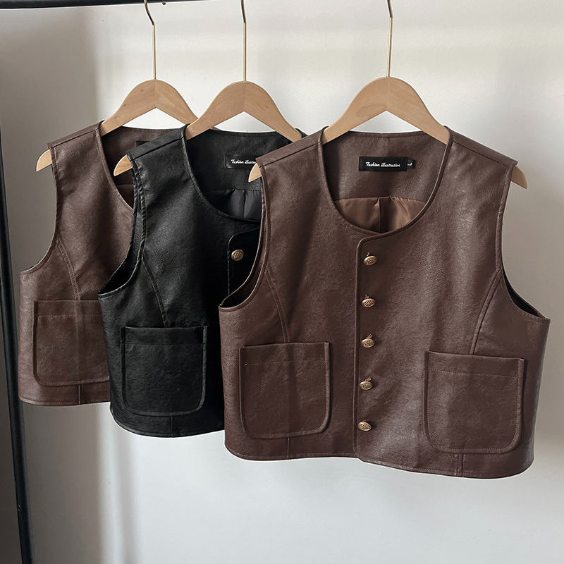 Cross-border PU leather inner vest women's simple fashion all-match coat Chanel style vest high-end matte retro waistcoat