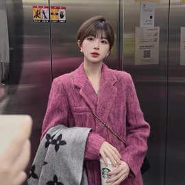 今年流行小香风毛呢外套女冬新款西装高级感红色斗篷呢子风衣大衣