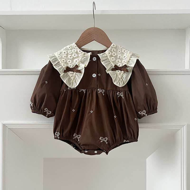 Vestido de niña de estilo coreano Primavera y otoño de manga larga mameluco del bebé collar de mariposa bebé niñas vestido bordado hermanas ropa