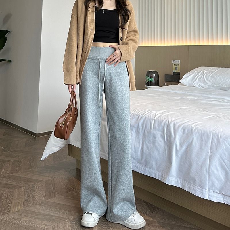 Pantalones de deporte negros de mujer pequeño otoño y invierno nuevo estilo de cintura alta sensación de caída pantalones casuales sueltos pantalones rectos de piernas anchas