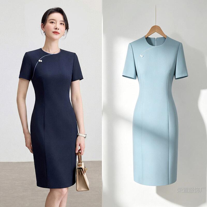 Summer Professional Short-Sleeved Dress for Women, Beauty Salon Ol Style Workwear Dress, Dental Clinic Front Desk Reception Work Uniform