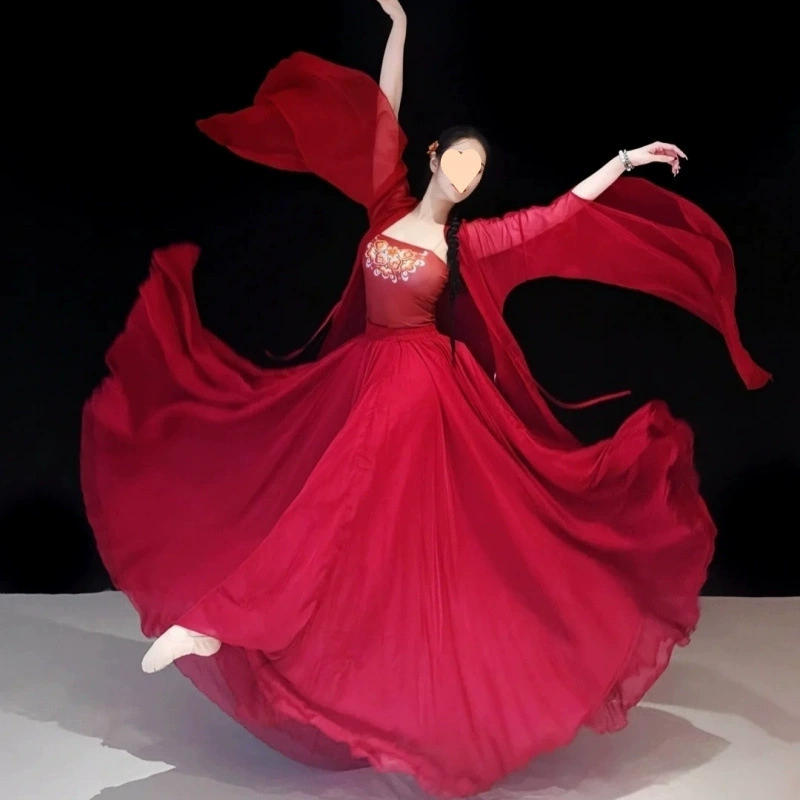Одежда для классического танца, большая распашная юбка в древнем стиле, одежда для тренировок, элегантный топ-кардиган, длинная красная марлевая одежда, элегантная одежда.