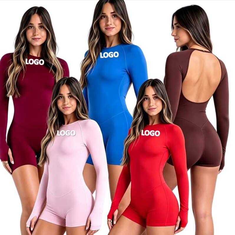 Long-Sleeved Nylon Jumpsuit with Open Back, Seamless One-Piece Yoga Outfit Long-Sleeved Nylon Jumpsuit with Open Back, Seamless One-Piece Yoga Outfit