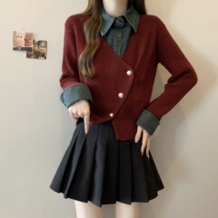 大きいサイズの女性の秋冬のデニムのシャツはニットの上着をつなぎ合わせます。