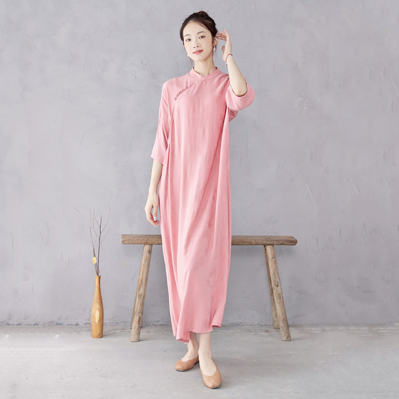 Age-Reducing Cheongsam Dress, Improved New Chinese Style Long Dress for Women, Summer Dress, Plus Size, Pink, Youthful Style, Olive Green, Short Sleeves