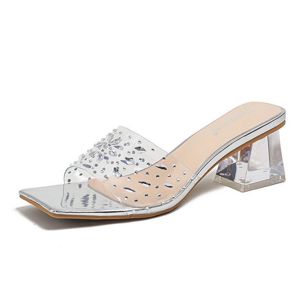 Dép sandal nữ quai ngang mũi vuông đính pha lê, đế dày gót vừa 3–5 cm — Màu bạc, Màu hồng nude, Màu mơ Nude