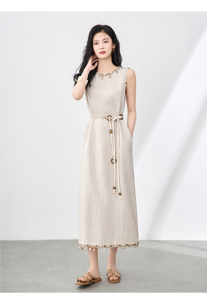 Đầm maxi nữ không tay phong cách Bohemian chất liệu linen tencel phối tua rua — Màu kaki chi tiết 9