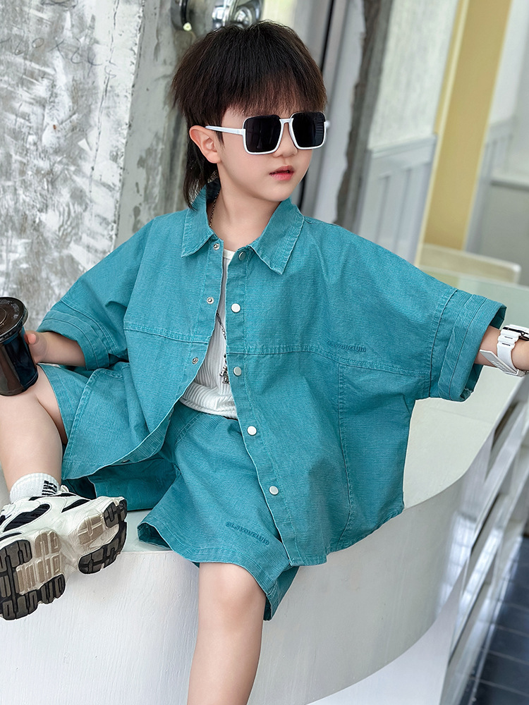 7364 traje de manga corta para niños verano 2025 nuevo estilo estilo occidental ropa para niños coreanos camisa de verano de dos piezas verano