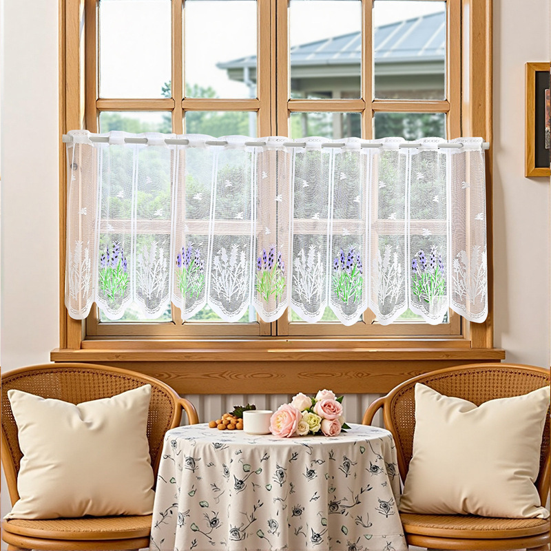 Shein Dropshipping Amazon Cross-Border New Lavender Lace Short Curtain Window Screen Rod Kitchen Finished Curtain